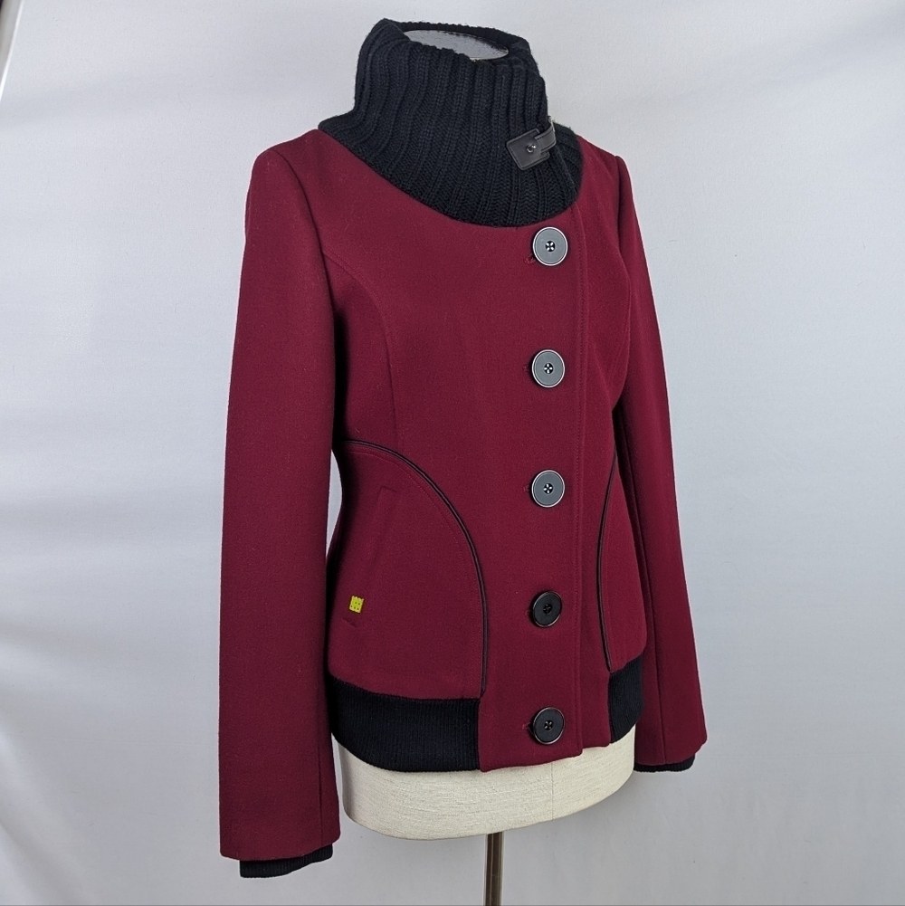 Soia & Kyo Jacket Wool Blend Sweater Knit Collar Button Closure Cranberry M NWOT